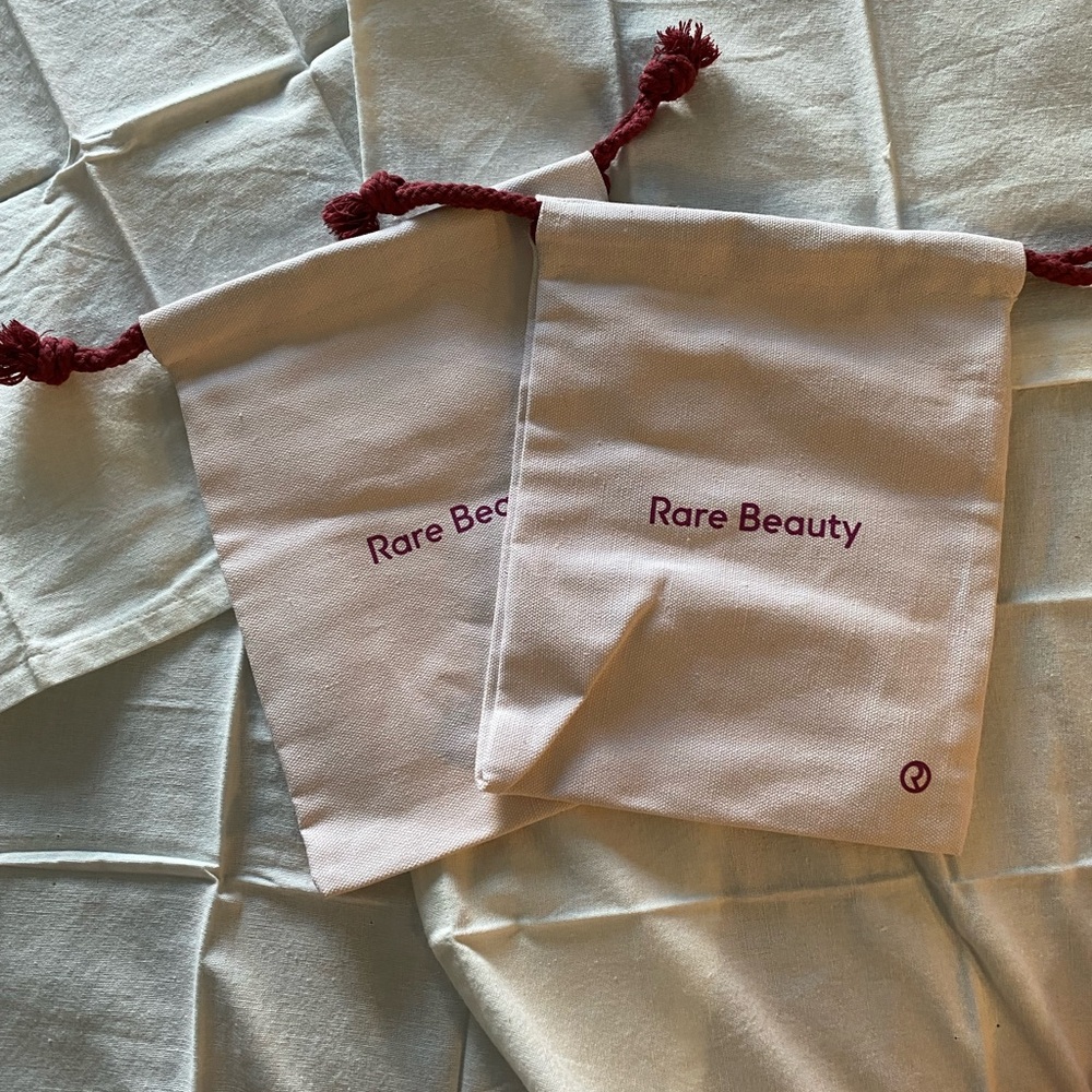 Rare Beauty Blush Pink Drawstring Pouches with Burgundy Cords - Set of 2